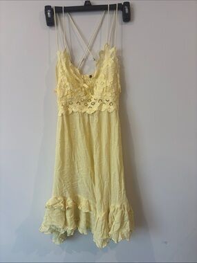 Free People Pale Yellow Lace-Trim Slip Dress